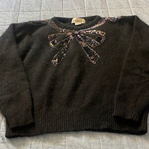 Vintage Lambswool, Angora and Nylon Black Sweater with Sequin Bow